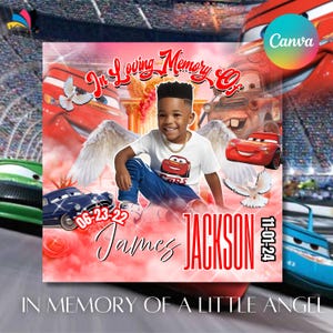 Può includere: Una grafica commemorativa con un bambino con ali d'angelo, il testo "In Loving Memory Of" e il nome "Jackson". Il design include immagini dei personaggi del film Cars e il testo "In Memory of a Little Angel".