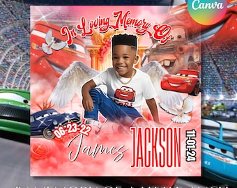 Cars Memorial Flyer: Lightning Cars Tribute, Angel Wings (Canva Template Digital Download)