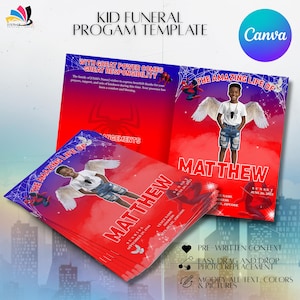 May include: A stack of red and white funeral program templates with the text "KID FUNERAL PROGAM TEMPLATE". The templates feature a photo of a child with angel wings and the text "THE AMAZING LIFE OF MATTHEW". The Canva logo is in the upper right corner.