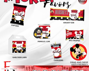 Mickey Mouse Party Favors Template: Chip Bags, Caprisun, Rice Krispies (Editable)