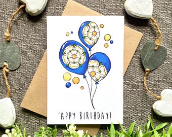 Yorkshire Rose Balloons Birthday Card - A6 Greetings Card