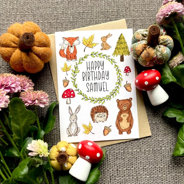 Personalised Woodland Theme Card - Cute Forest Friends Birthday Card - A6 (Postcard Size) Blank Inside Greetings Card