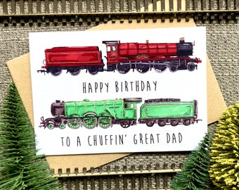 Personalised Train Birthday Card for Dad: Steam Engine Drawing (A6 Greetings Card)