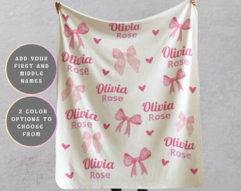 Manta para baby shower con lazo rosa, Manta Minky personalizada, Manta con lazo Sherpa Coquette, Regalo para niña, Nombre personalizado, Lazo para el pelo, Manta para niña recién nacida