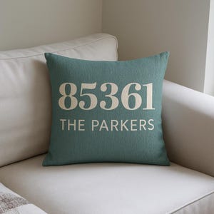 Custom Zip Code Pillow with Family Name Personalized Woven Throw Pillow Housewarming Gift Realtor Gift Hometown Decor New Home Present