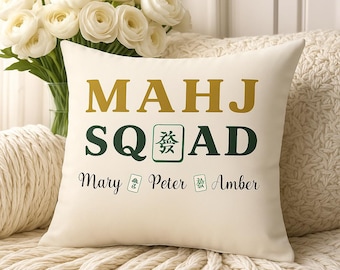 Poduszka Mahjong Squad Spersonalizowany prezent Mahjong na parapetówkę Poduszka MAHJ Team Spersonalizowany wystrój Mahjong Wieczór gier Zabawny prezent Mahjong