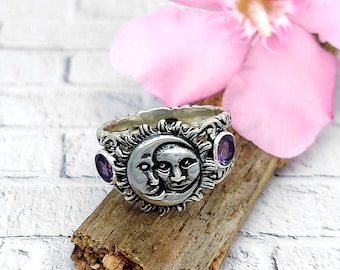 Balinesischer Sterling Silber natürlicher Edelstein Ring/Silber 925/Bali handgemachter Schmuck/Sonne Mond Ring/Fordern Sie Ihre Größe an