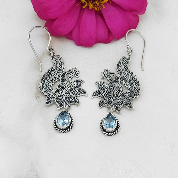 Peacock earring silver/gemstone earring/Bali handmade jewelry/Silver 925/natural stone