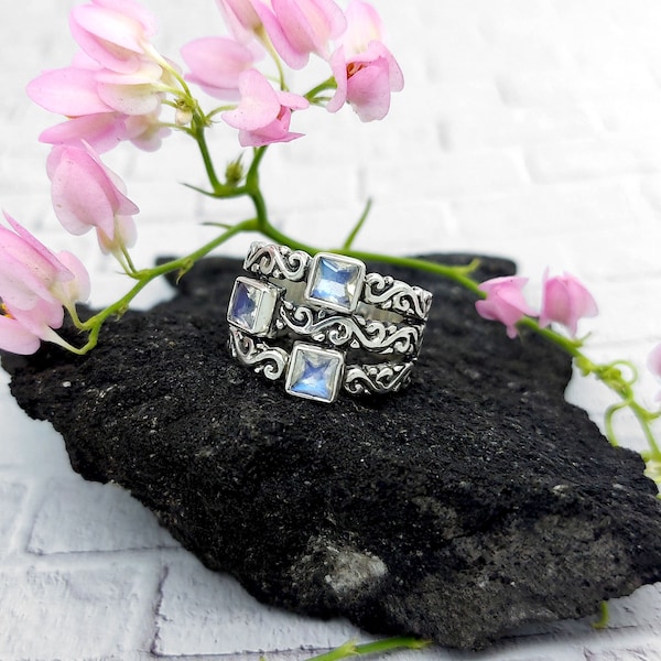 Balinese sterling silver natural gemstone ring/silver 925/Bali handmade jewelry/square gemstone/Request your size