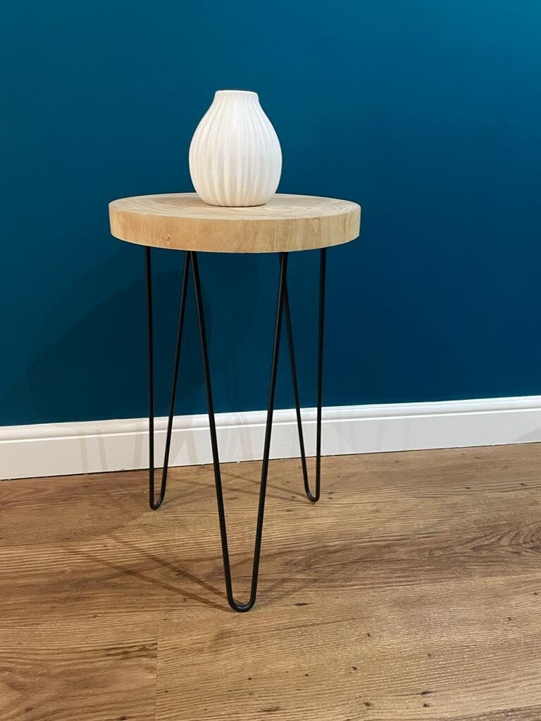 Rustic Round Real Wood Table, Iron hairpin legs Environmentally friendly, extremely versatile, Tree Rings Visible.