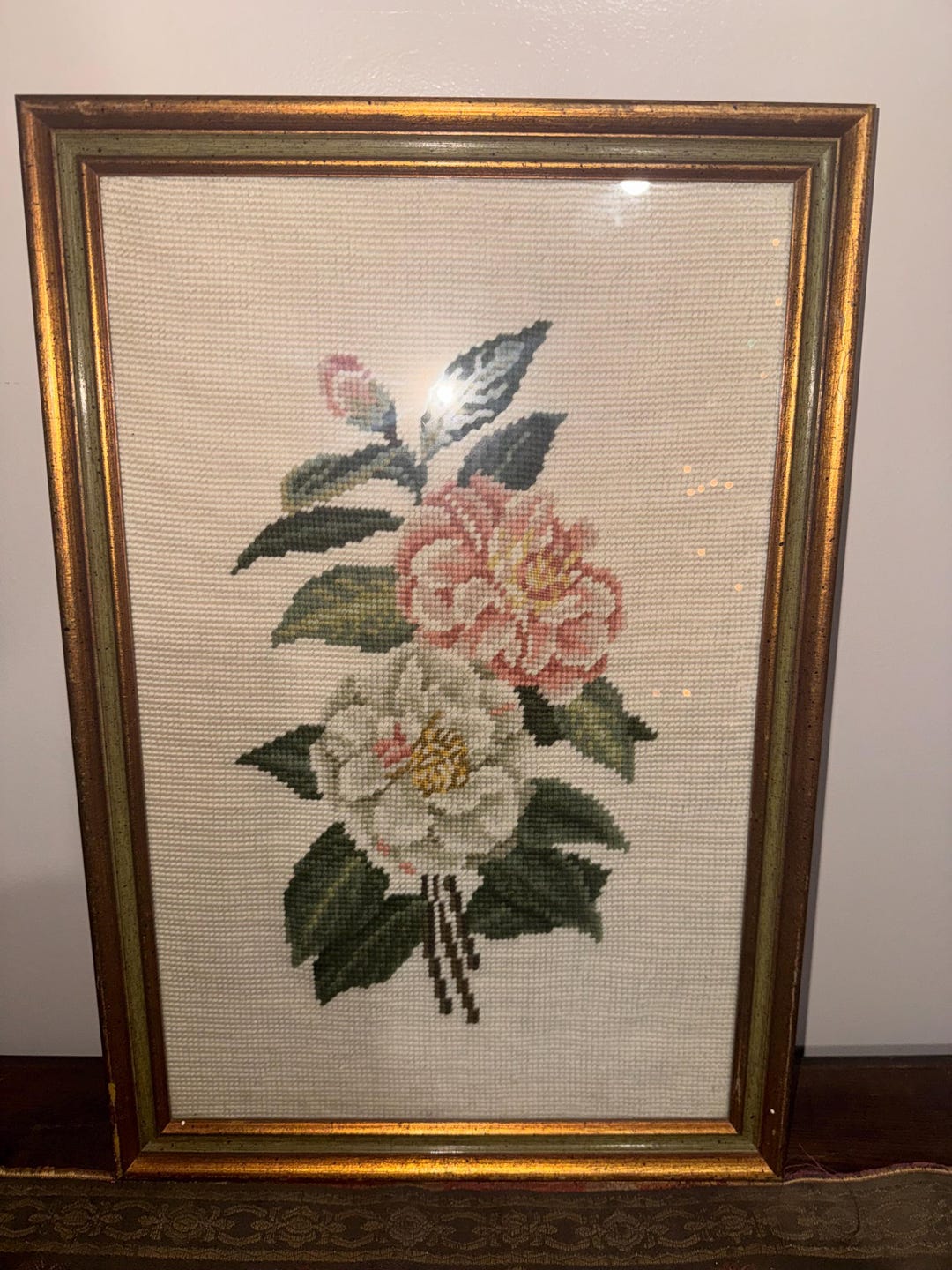 Vintage Floral Needlepoint Art in Frame – Hand-stitched Pink & White ...