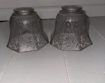 Pair of Vintage Frosted Etched Glass Lamp Shades | Victorian Cameo Lamp Globes | Art Deco Light Shades | Replacement Glass Shade Set