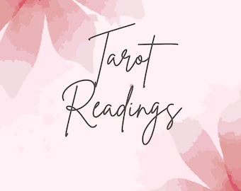 Può includere: Uno sfondo acquerellato rosa con il testo "Tarot Readings" in corsivo nero.