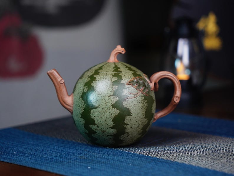 Handmade Watermelon Ceramic Teapot - Yixing Clay, Iced Tea & Matcha Set, Quirky Cottagecore Gift 300ML image 1