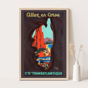 Póster de viaje vintage de la isla de Córcega, Francia, arte de pared extragrande, arte de pared de viaje a Francia, póster de hasta 24 x 36.