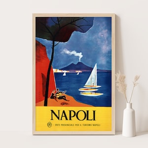 Poster di Napoli di Mario Puppo, stampa vintage italiana degli anni '50, Napoli, Monte Vesuvio, arte murale La Dolce Vita