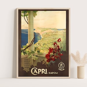Capri Poster, 1930s Vintage Italy Print, Naples, Amalfi Coast, Terrace View, Art Deco Wall Art