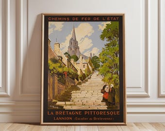 Póster de viaje vintage de La Bretagne Pittoresque Lannion: impresión artística de pared del ferrocarril francés