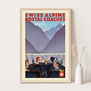 Carrozze postali alpine svizzere, poster di viaggio d'epoca svizzero, arte murale extra large, arte murale di viaggio svizzero, poster fino a 24x36 pollici.