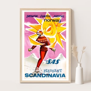 Piacevole poster di viaggio vintage della Scandinavia, Norvegia / Arte murale di viaggio in Norvegia / Stampa 12x18 pollici.