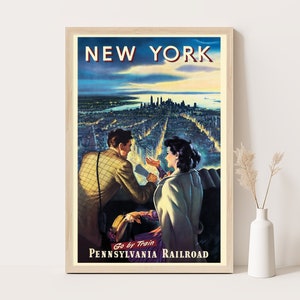 Póster de viaje vintage de Nueva York, ferrocarril de Pensilvania, Estados Unidos, arte de pared extragrande, arte de pared de viaje de EE. UU., póster de hasta 24 x 36 pulgadas.