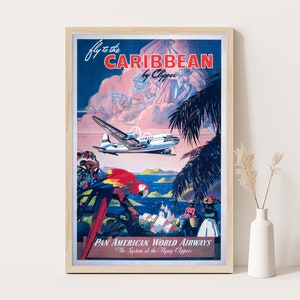 Vuela al Caribe en Clipper, póster de viaje vintage de Pan Am Airways, arte de pared extragrande, arte de pared de viaje al Caribe, póster de hasta 24 x 36.