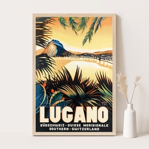 Lugano lake, Switzerland vintage poster, Extra large wall art, Swiss travel wall art, up to 24x36 poster.