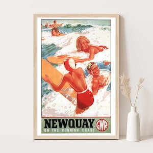 Póster vintage de Newquay, en la costa de Cornualles, Reino Unido, arte de pared extragrande, arte de pared de viaje a Gran Bretaña, póster de hasta 24 x 36.