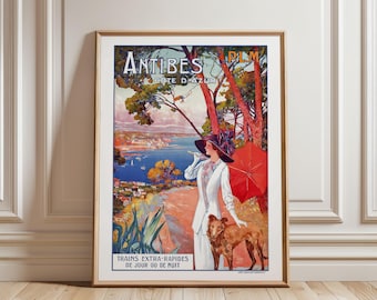 Póster de viaje vintage de Antibes, Costa Azul: Lámina decorativa de la Riviera francesa de la década de 1910.
