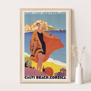 Póster de viaje vintage de Córcega, playa de Calvi, Francia, arte mural de viaje a Francia