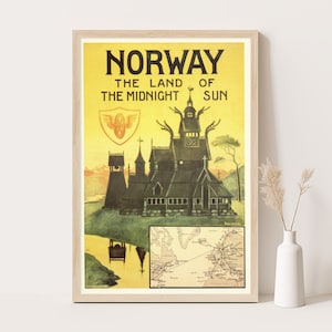 Das Land der Mitternachtssonne, Norwegen Vintage Reiseplakat, extra großes Wandkunst, Norwegen Reisewandkunst, bis zu 24x36 Plakat.