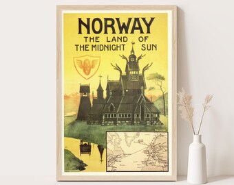 The land of the midnight sun, Norway vintage travel poster, Extra large wall art, Norway travel wall art, up to 24x36 poster.