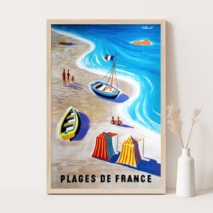 Plages de France, Cote d&#39;Azur Frankreich Vintage Reiseplakat, extra große Wandkunst, Frankreich Reisewandkunst, bis zu 24x36 Zoll Plakat.