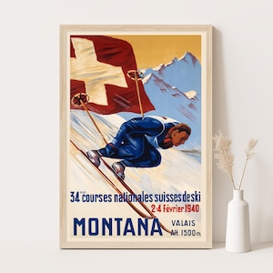 Póster vintage de Crans Montana, Suiza, extremadamente raro y muy coleccionable, arte mural de viaje suizo, póster de hasta 24 x 36.