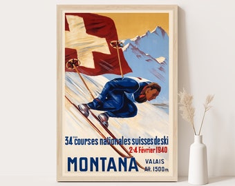 Extremely rare and highly collectable Crans Montana, Switzerland vintage poster, Swiss travel wall art, up to 24x36 poster.