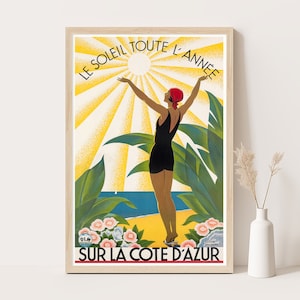 Affiche vintage de la Côte d'Azur France | Très grande oeuvre d'art murale | Art mural voyage en France | Impression jusqu'à 24 x 36 pouces.
