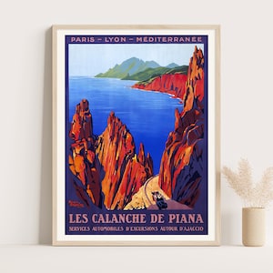 Calanches de Piana, cartel de viaje vintage de Francia, arte de pared grande, arte de pared de viaje a Francia, póster de hasta 18 x 24.