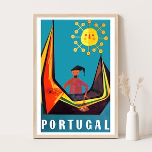 Fisherman in boat, Portugal vintage travel poster, Extra large wall art, Portugal travel wall art, up to 24x36 poster.