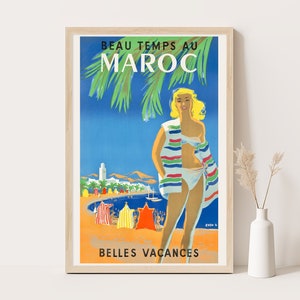 Poster vintage del Marocco / Arte murale di viaggio in Marocco / Stampa 12x18 pollici.