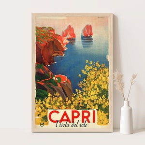 Capri Italien Vintage Reiseplakat | Extra Große Retro Küstenwand Kunst | Farbenfrohes italienisches Poster