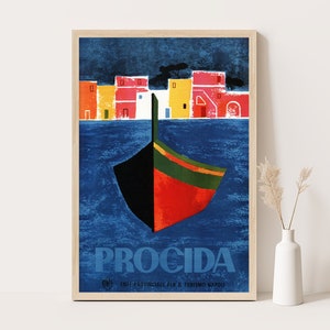 Procida Poster, 1950s Modernist Print, Colorful Harbor Art by Mario Puppo, Vintage Naples Decor