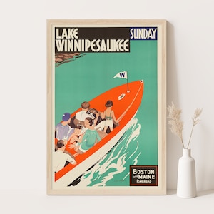 Manifesto turistico vintage del lago Winnipesaukee, stampa artistica extra large, stampa artistica di viaggio negli USA, poster fino a 24x36.