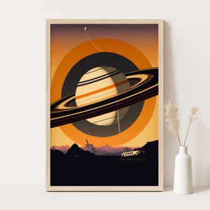 Decorazione da parete di Saturno / Poster vintage sui viaggi spaziali / Arte AI / Atmosfera anni '80 / Grande arte da parete.