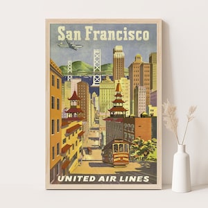 San Francisco, United Air Lines, cartel de viaje vintage de EE. UU., arte de pared grande, impresión de hasta 24 x 36 pulgadas.
