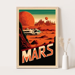 Póster de viaje estilo vintage al planeta Marte / Arte de IA / Vibraciones de los años 80 / Póster de 12 x 18 pulgadas.