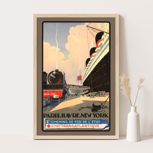 Plakat vintage Paris Havre New York French Line | Francja, podróż, sztuka ścienna | Wydruk 12x18 cali.