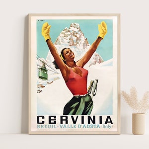 Vintage Breuil Cervinia Italy Travel Poster: Aosta Valley Ski Art