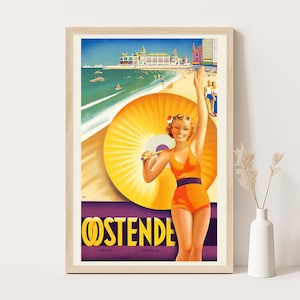 Ostend, Belgium vintage travel poster, Extra large wall art, Belgium travel wall art, up to 24x36 poster.