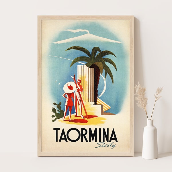 Taormina, Sicily, Italy vintage poster, Extra large wall art, Italy travel wall art, up to 24x36 poster.