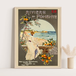 Póster vintage de Riviera di Ponente, Italia, arte mural grande, arte mural de viaje a Italia, póster de hasta 18 x 24.